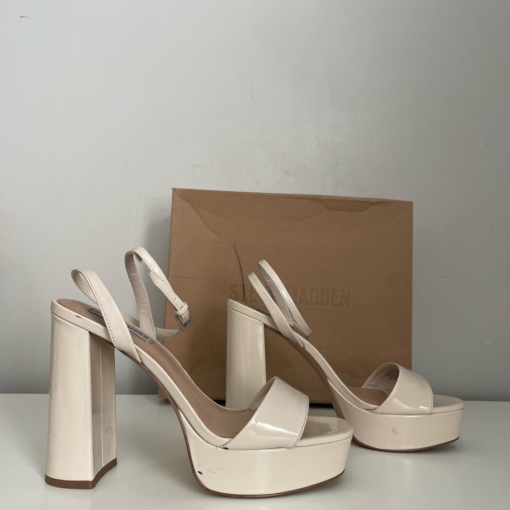 Steve Madden Cream Patent Block Heel Sandals with Ankle Strap - Picture 5 of 9